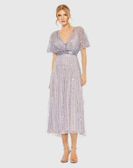 Purple Embellished Short Sleeve Empire Waist Dress