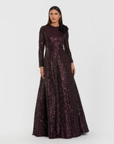 Dark Purple Long Sleeve Sequin Ball Gown With 3D Flower