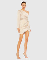 Beige One Shoulder Long Sleeve Draped Dress