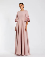 Crepe 3/4 Sleeve A-line Gown With Flower Trim