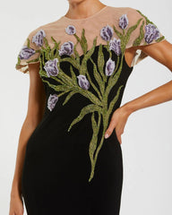 Black High Neck Floral Embroidered Jersey Gown