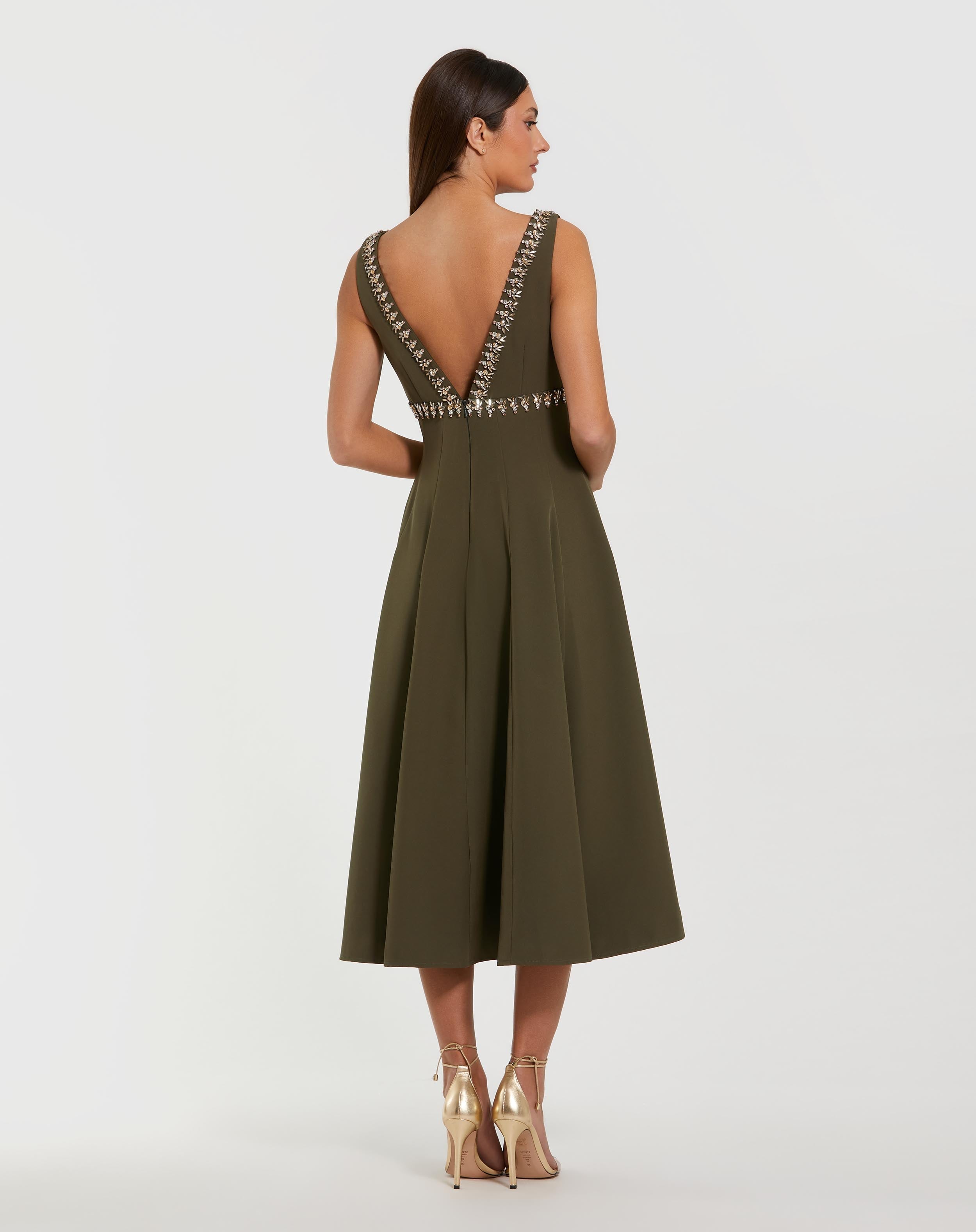 Green Rhinestone Embellished Crepe A Line Midi Dress