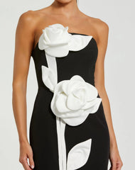 Black Strapless Crepe Dress With 3D Satin Flowers
