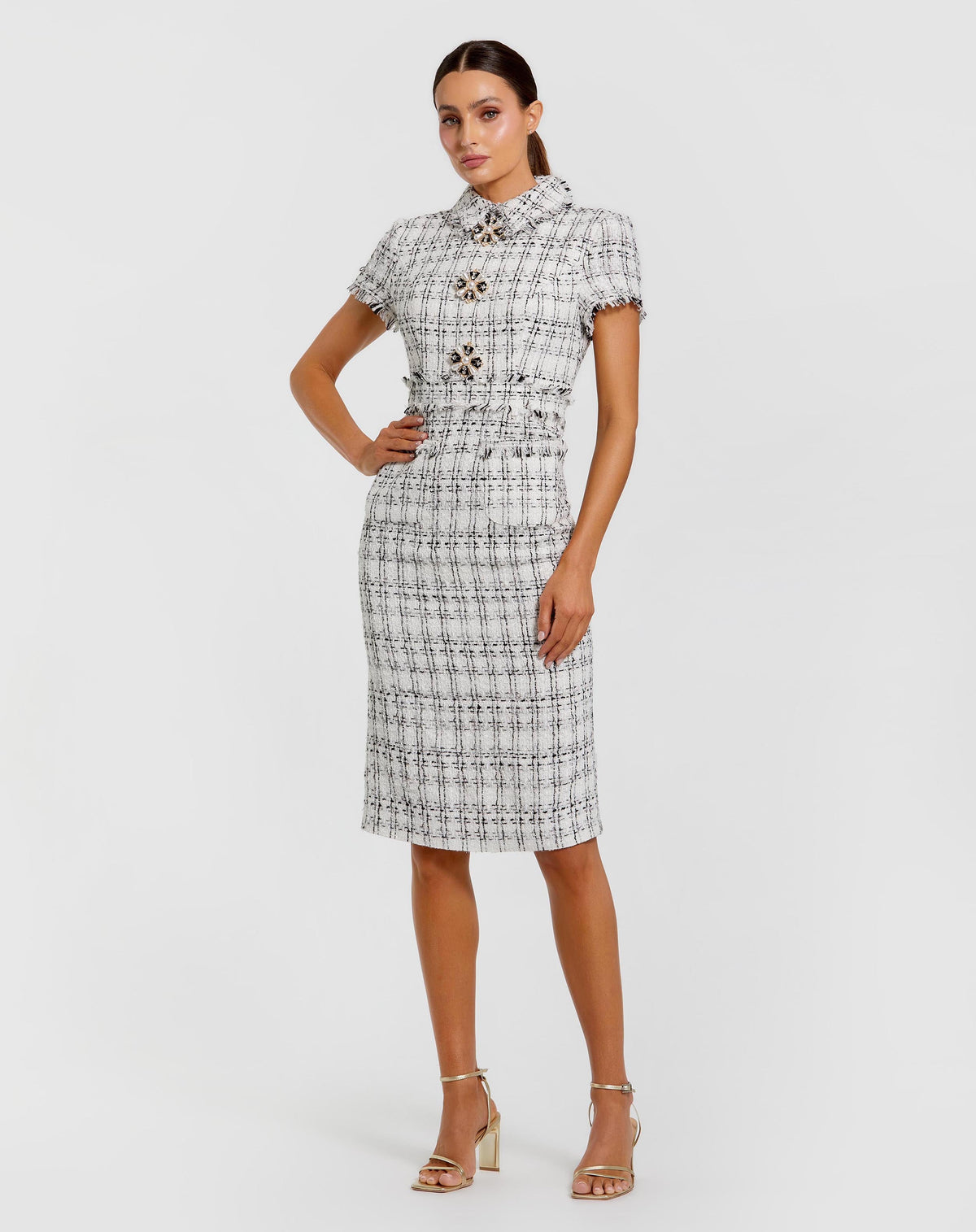 White Fitted Boucle  Short Sleeve Button Up Midi Dress