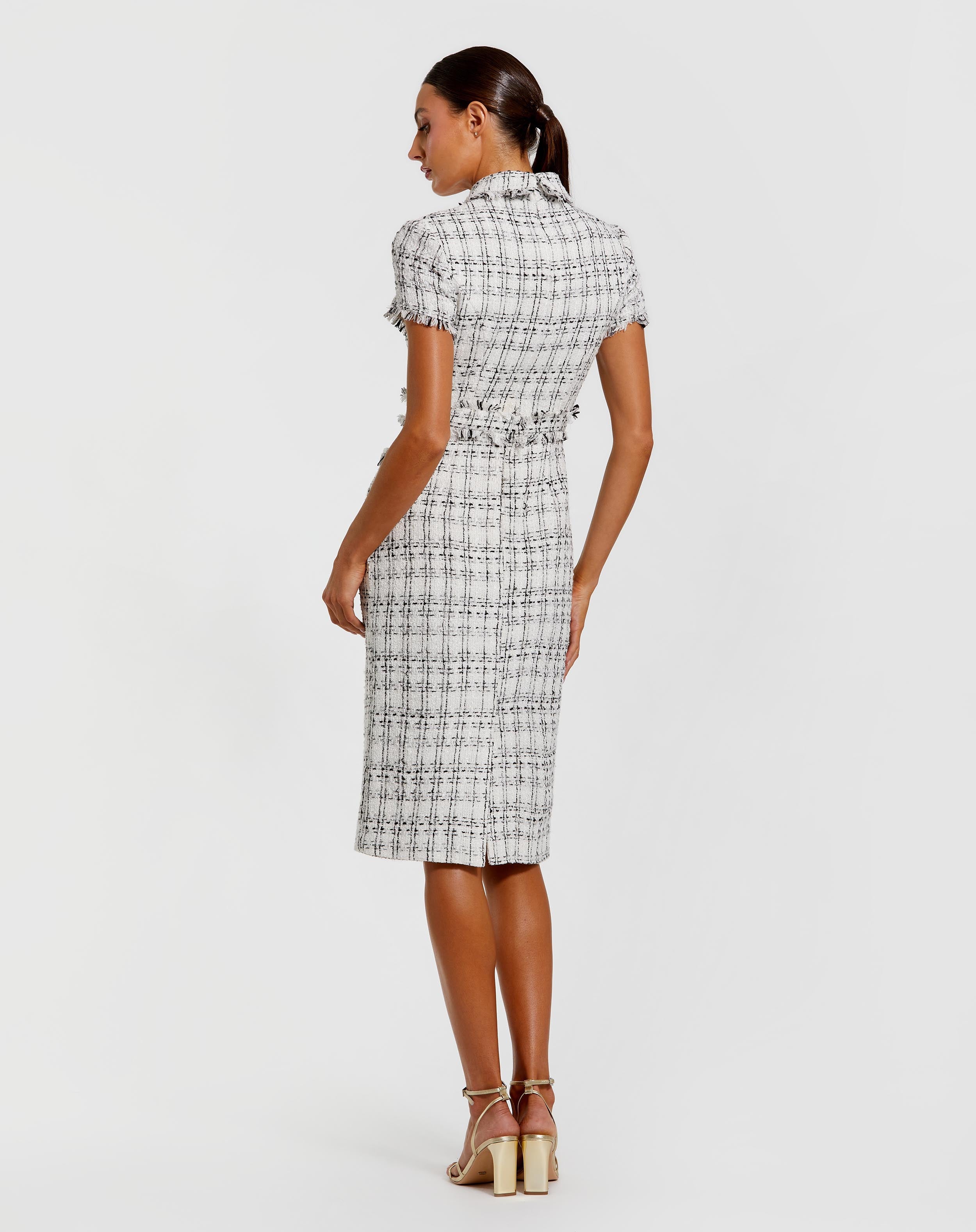 White Fitted Boucle  Short Sleeve Button Up Midi Dress