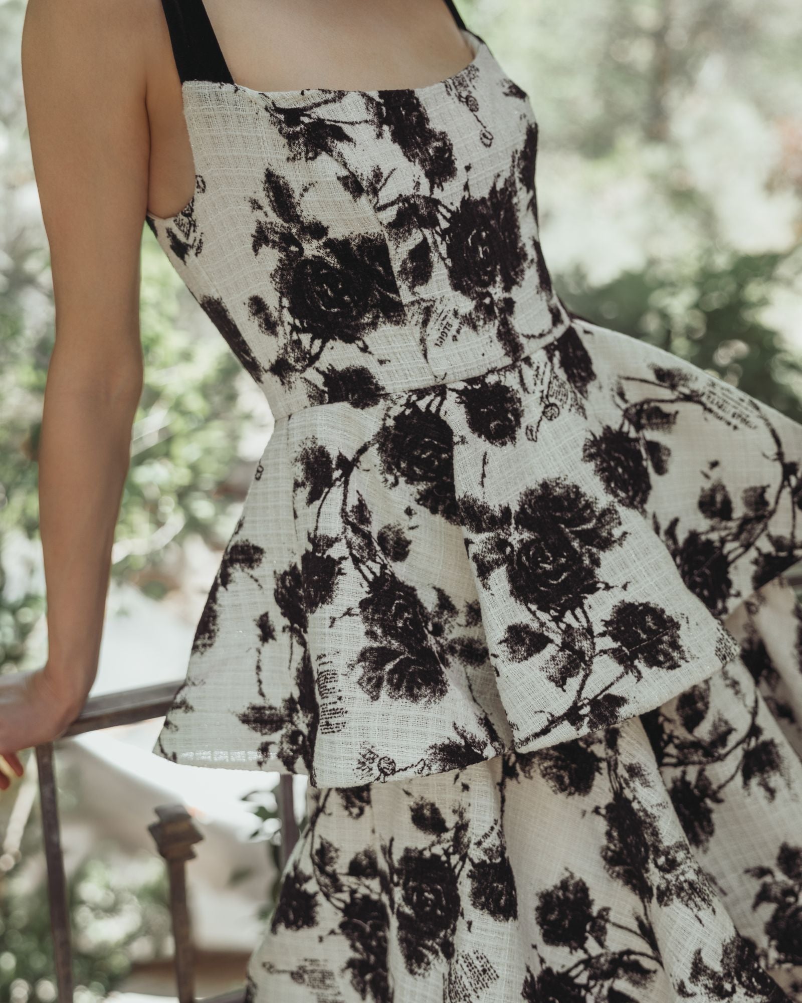 Black and White Floral Boucle Tiered Ruffle Gown