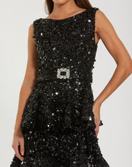 Black Sleeveless Sequin Ruffle Midi Dress With Belt