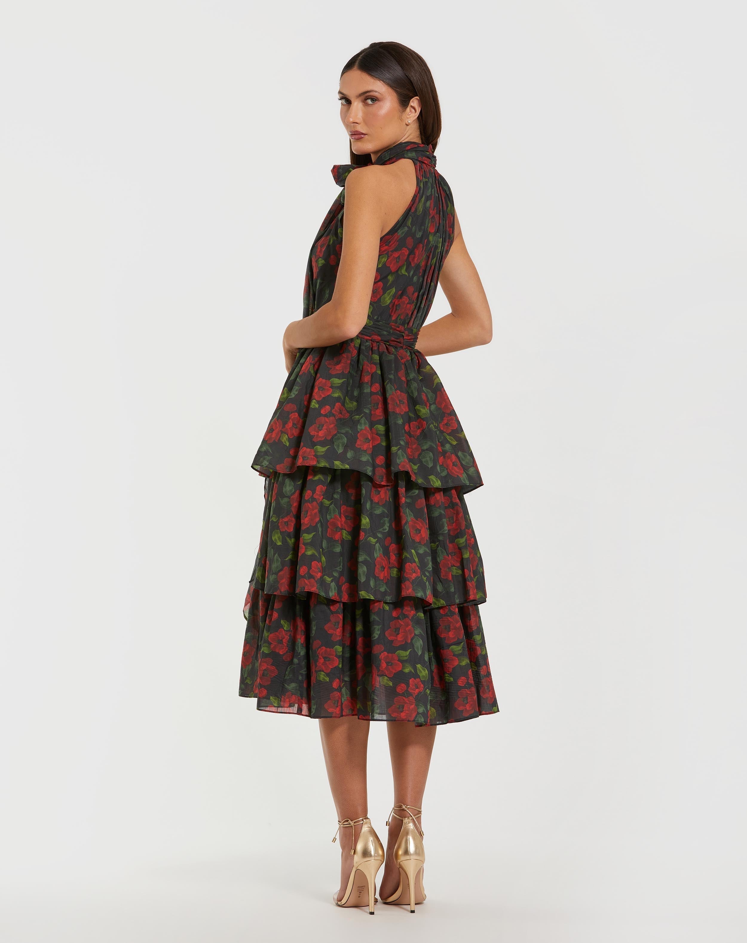 Black Floral Chiffon Tiered Midi Dress with Neck Bow