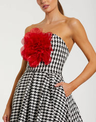 Black and White Strapless Boucle A Line Midi Dress With 3D Flower