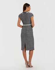 Black Embellished Cap Sleeve Boucle Midi Dress