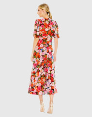 Multicolor Floral Print Front Tie Puff Sleeve Flowy Midi Dress