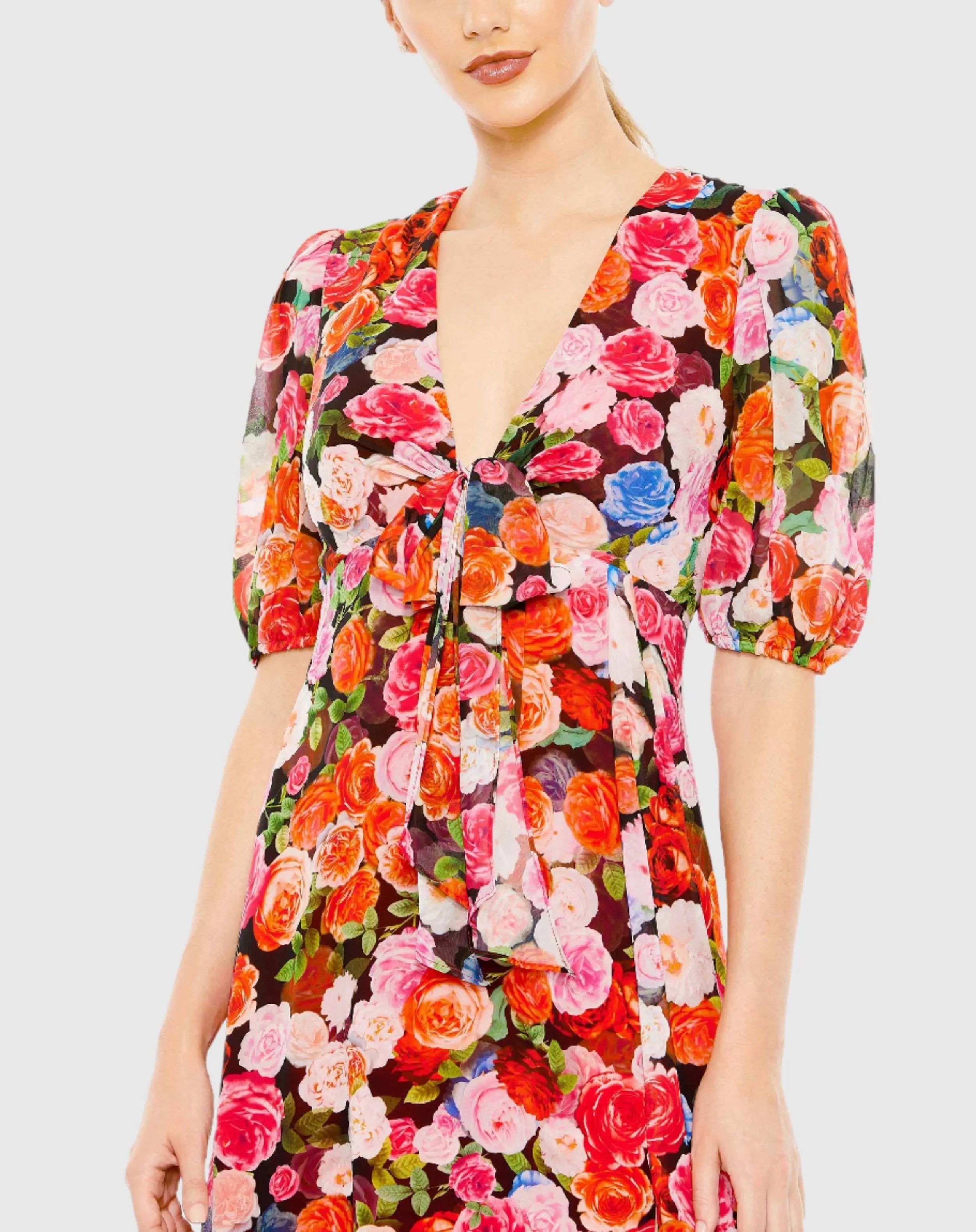 Multicolor Floral Print Front Tie Puff Sleeve Flowy Midi Dress
