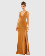 Brown Pleated Bodice Jersey Column Gown