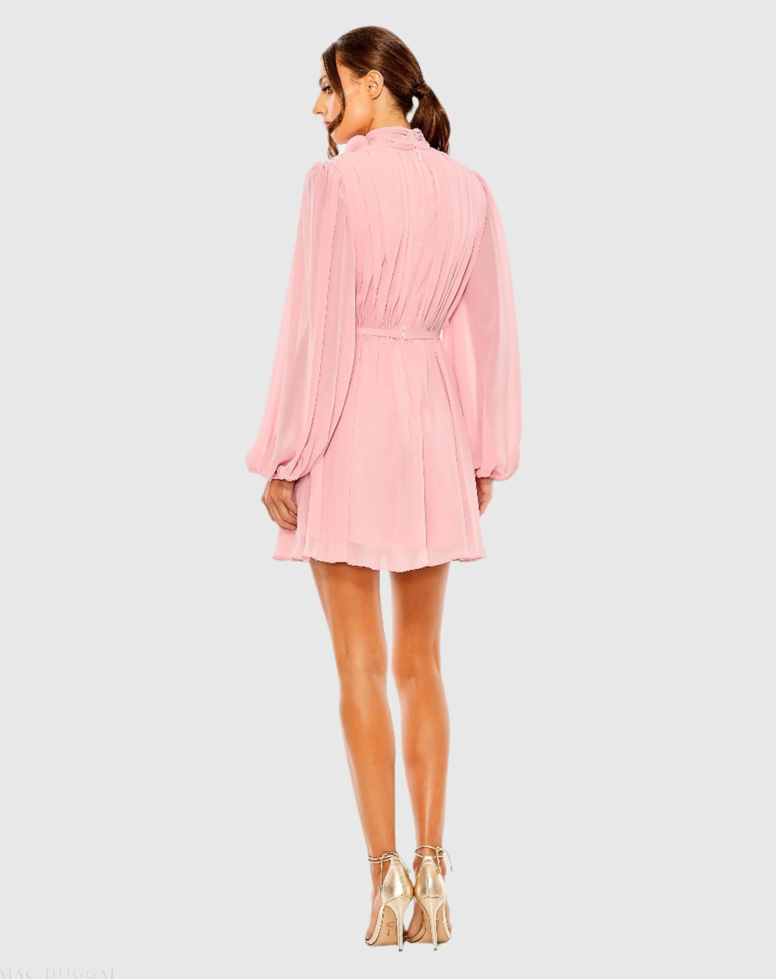 Pink Draped High Neck Long Sleeve Mini Dress