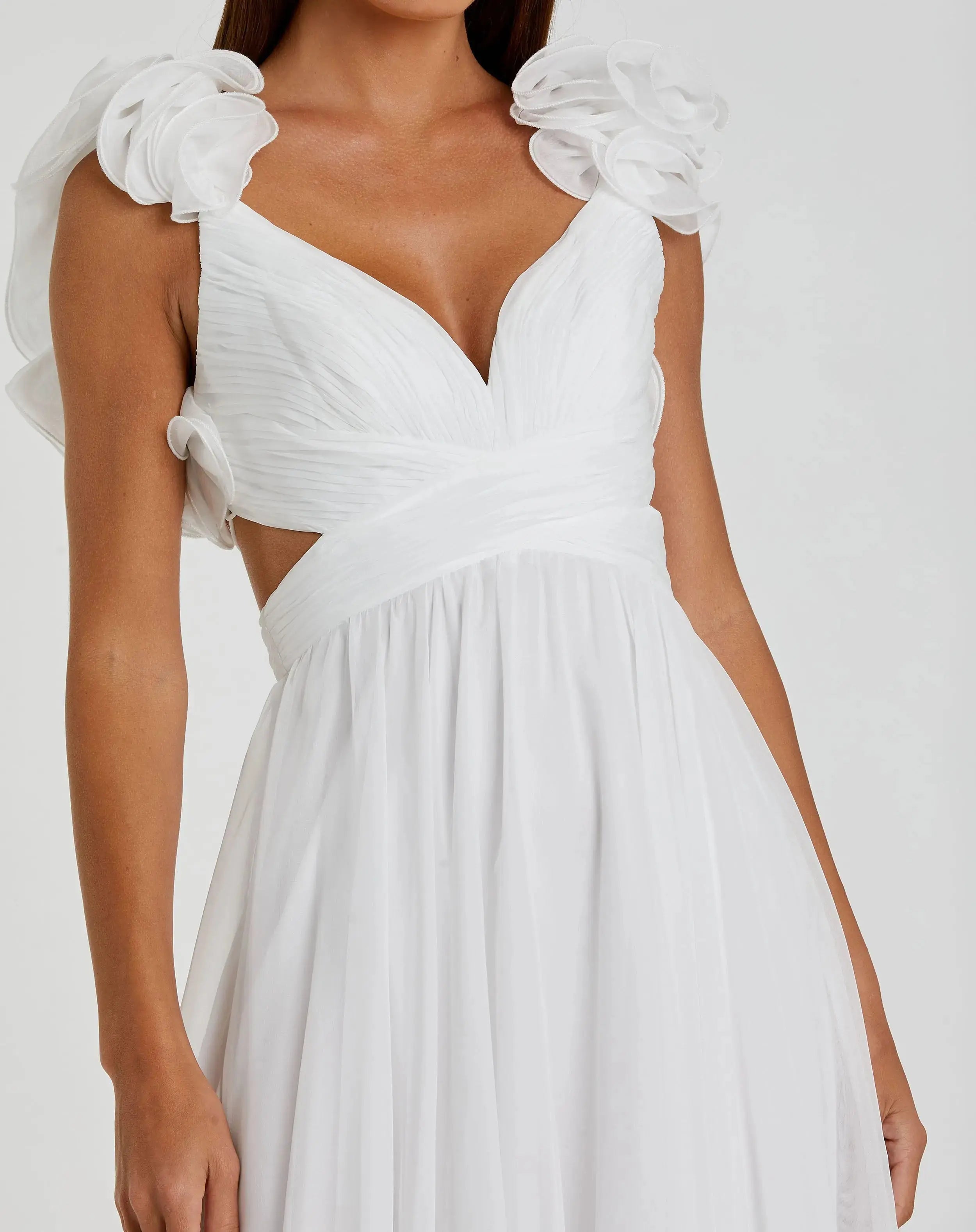 White Ruffle Tiered Cut-Out Chiffon Gown