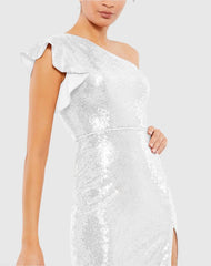 White Sequined Flutter One Shoulder Fitted Midi Dress - FINAL SALE