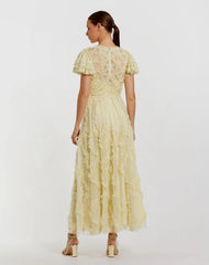 Yellow A-line Micro Ruffle Midi Dress