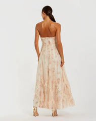 Pink and White Strapless Floral Ruffle Dress