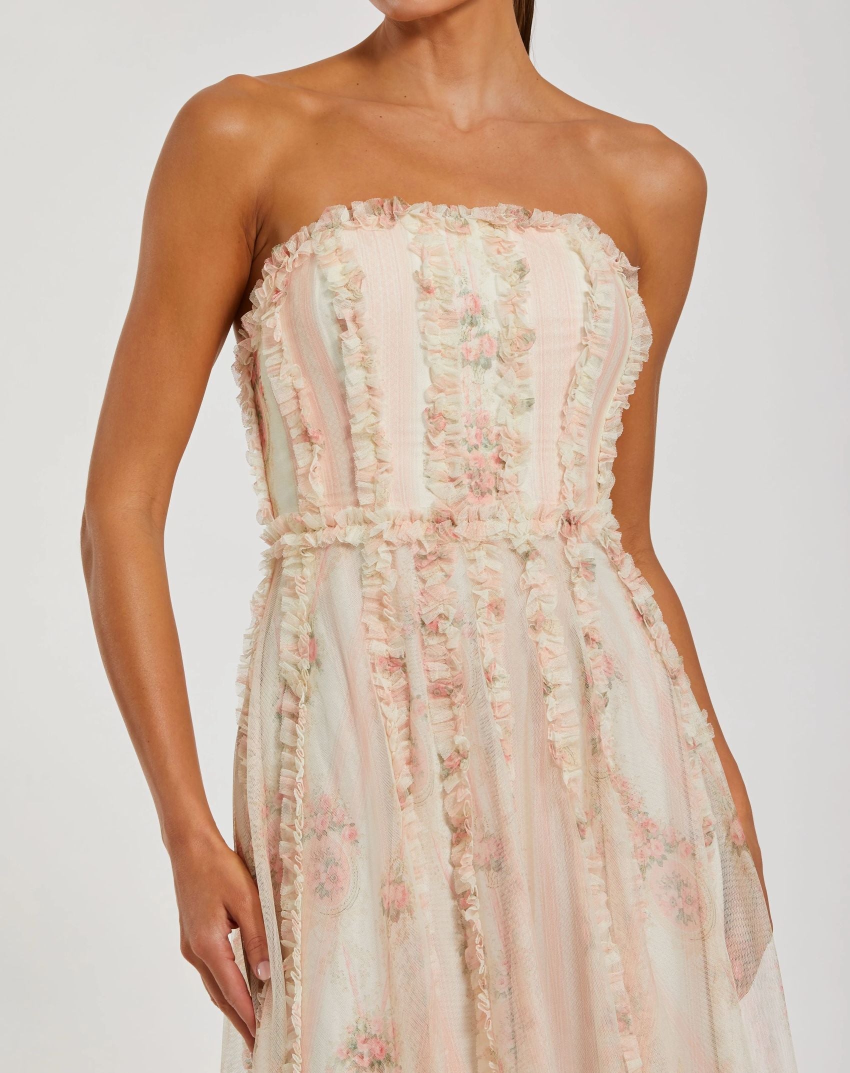Pink and White Strapless Floral Ruffle Dress