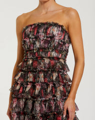 Black Multicolor Strapless Micro Ruffle A Line Midi Dress