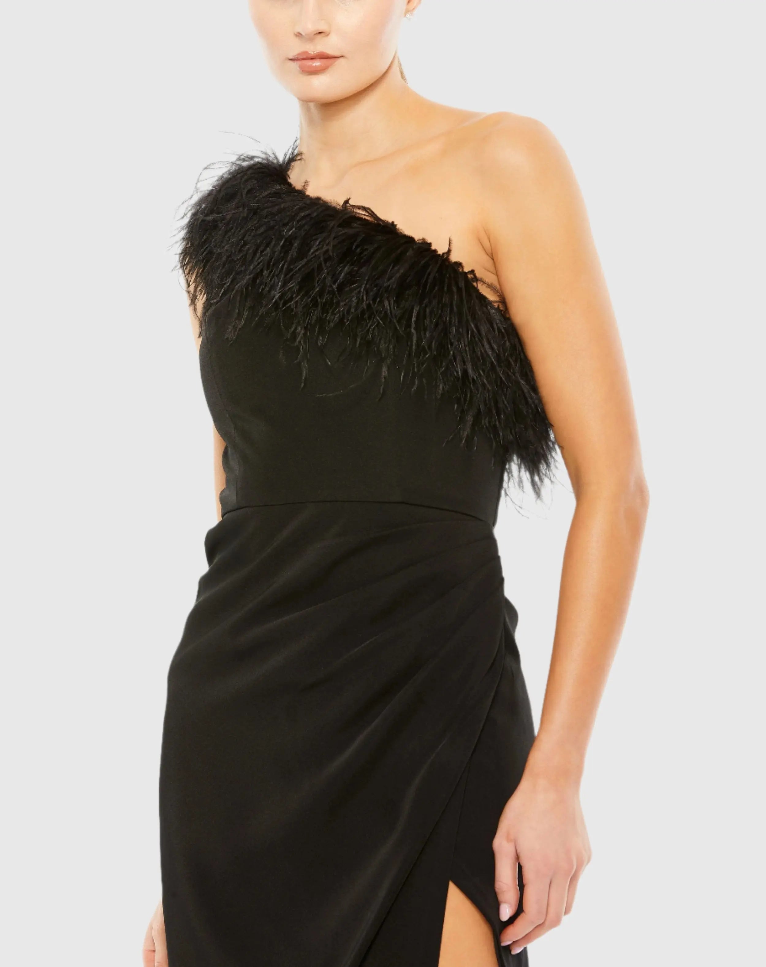 Black Feather Trim One Shoulder Draped Dress