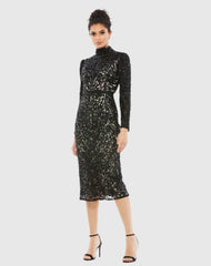 Black Embellished Mock Neck Long Sleeve Dress