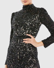 Black Embellished Mock Neck Long Sleeve Dress