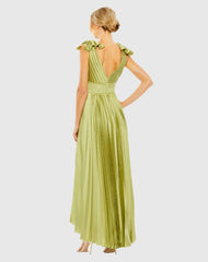 Green Ruffle Top Sleeveless V Neck Pleated Gown